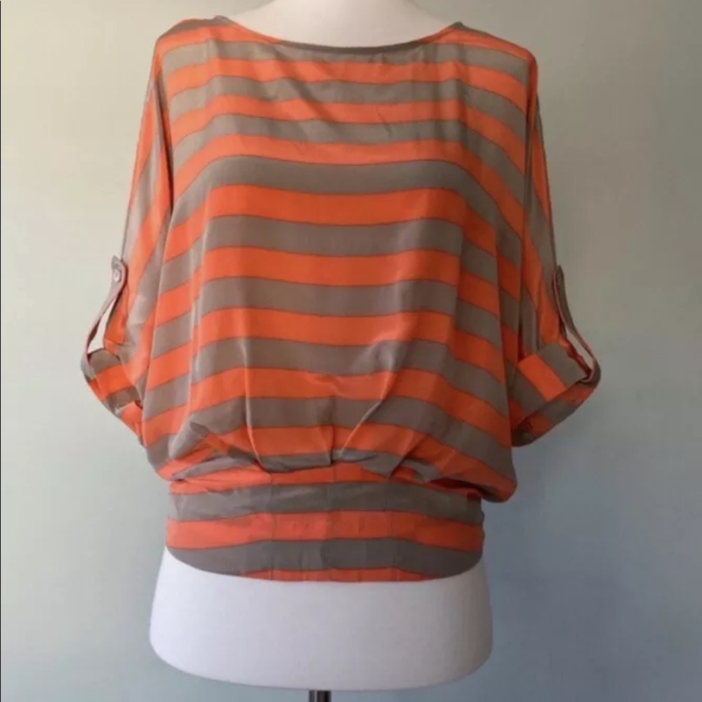 NWOT BCBGMaxazria 100%Silk -XS- Papaya/Tan Stripes
